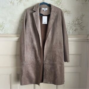NEW Faux Suede Tan Beige Cozy Coat Open Longline Cardigan Minimalist - M